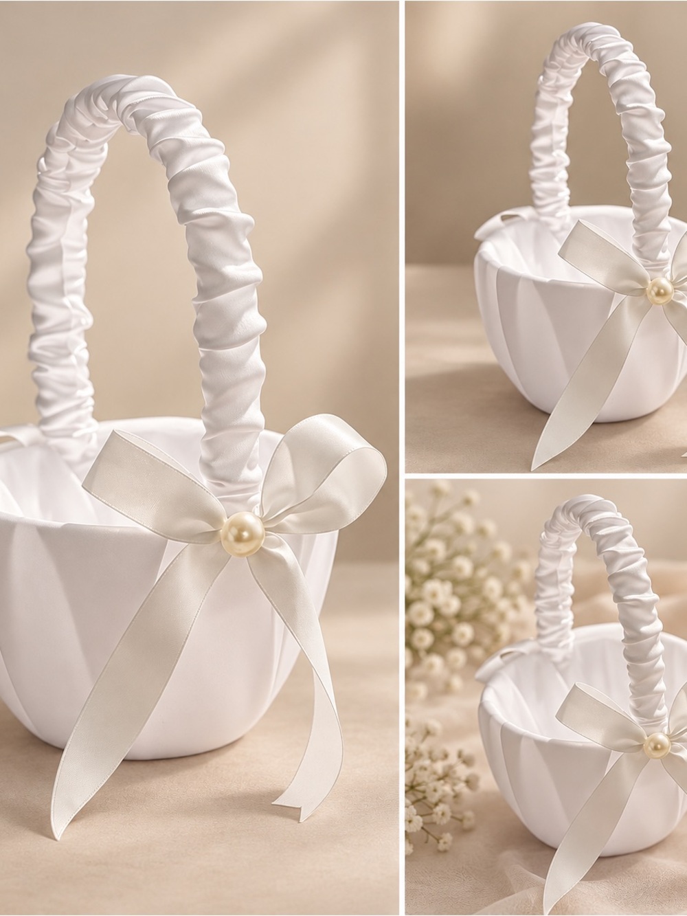 White Flower Girl Basket with Satin Bow